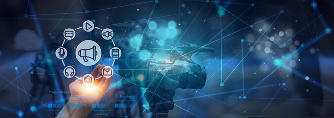 Multimedia technology meets online streaming and live broadcast in this icon-filled concept, representing the dynamic world of live video platforms and digital media communication.