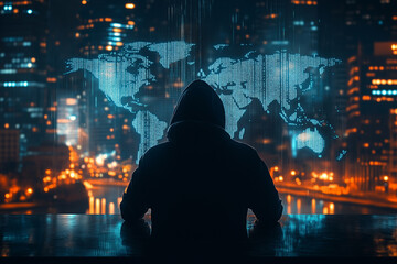 A hacker in a black hoodie sitting at a table with the silhouette of a world map and digital code on a city background, viewed from behind, 