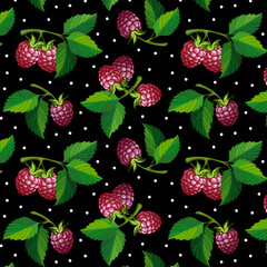 Raspberries on a black background.Vector pattern with raspberries on a black background with white polka dots.