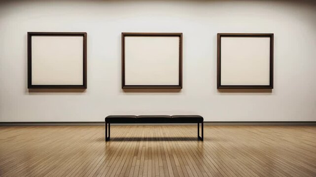 Exploring an empty art gallery with blank frames and a bench in a quiet modern space