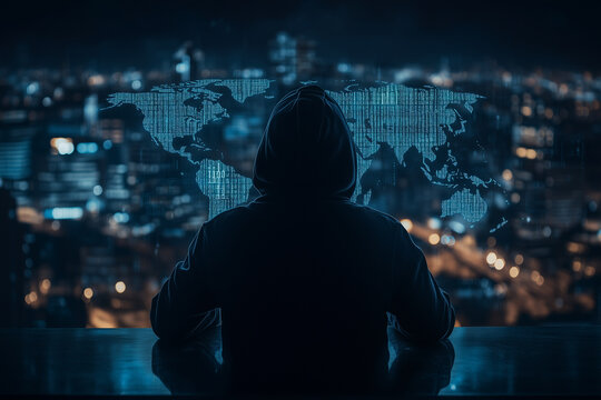 A hacker in a black hoodie sitting at a table with the silhouette of a world map and digital code on a city background, viewed from behind, - Powered by Adobe