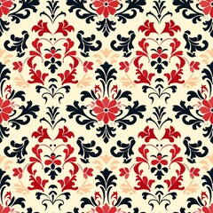 Fototapeta premium Damask Floral Pattern: An intricate and elegant seamless pattern featuring a classic damask design with delicate floral motifs in shades of red, black, and cream. 