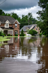 Obraz premium Suburban Homes Submerged in Floodwaters: Devastating Effects of Heavy Rains on Residential Area