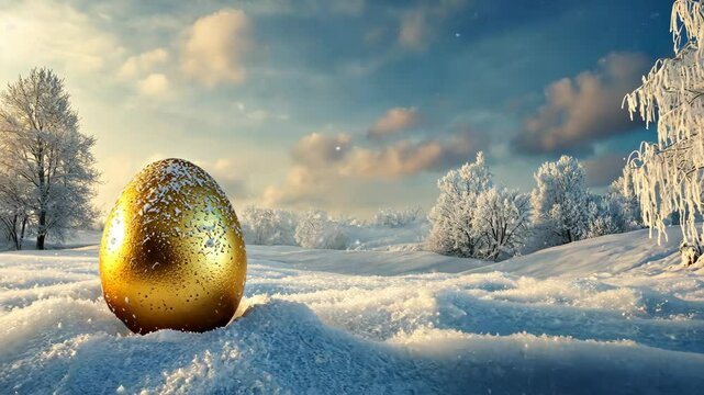 Golden egg nestled in a snowy landscape during an early morning in winter