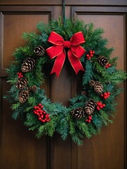 A classic Christmas wreath with pine cones, holly berries, and evergreen branches.