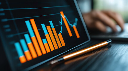 Close-up of tablet showing financial data charts and graphs with a hand typing on a laptop. Business analytics and technology concept.