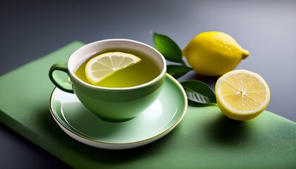 Cup of green tea with a lemon wedge on the side, rich in antioxidants, brain-stimulating beverage.