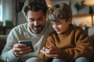 Father and son using smartphone, watching photos or boy helping daddy with game, spending time at home, Generative AI