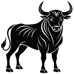 Fototapeta premium Black silhouette of a powerful bull with strong horns in aggressive minimalist side view