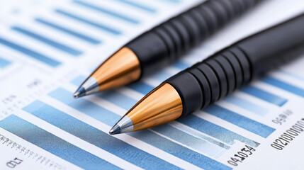 Close-up of two pens on financial charts with bar graphs and data analyses, ideal for business, finance and office themes.