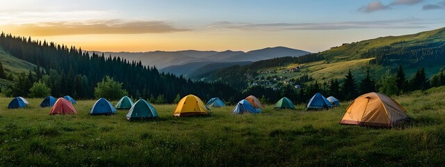 Camping in the mountains, tents set up directly behind a grassy meadow with a forest in the background, a clear sky, a beautiful landscape, a nature view from the camping site near a small village
