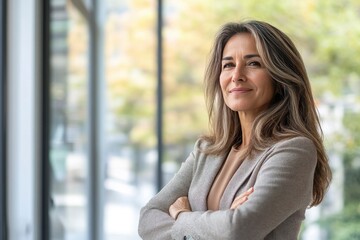 Fototapeta premium Happy confident mature professional business woman standing at work in office arms crossed looking away, proud hispanic middle aged businesswoman leader executive thinking of future success , ai