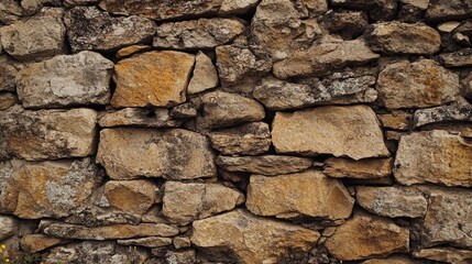 Obraz premium A rustic stone wall with irregular, rough stones in earthy tones, creating a natural, countryside atmosphere.