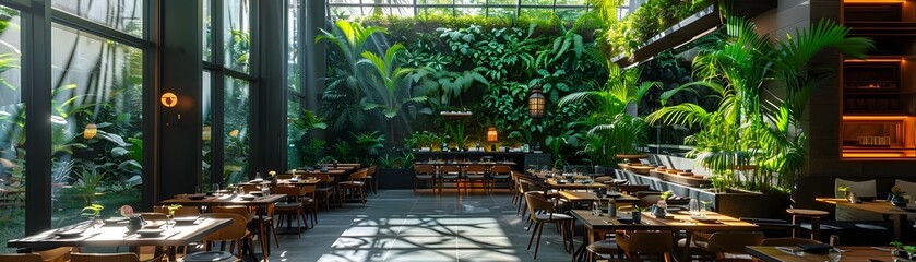 Obraz premium Biophilic Restaurant Interior with Vertical Gardens and Natural Light for Eco Friendly Dining Experience