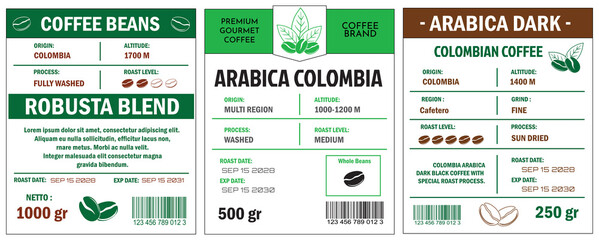 An illustration of coffee labels showcasing Robusta Blend and Premium Grade Beans. The labels detail various coffee attributes such as origin, altitude, roast level, process, and net weight. The desig