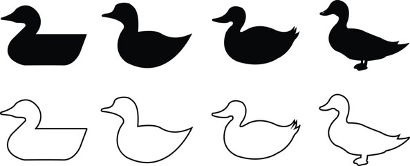 Black silhouette of duck Flat, Outline icons Set. illustration bird farm animal symbols. Concept of minimalism simple designs. Print vectors template design element isolated on transparent background.