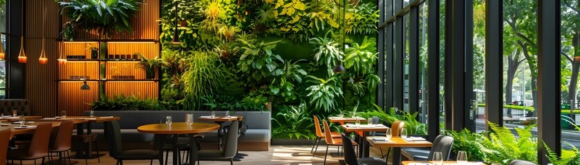 Fototapeta premium Biophilic Restaurant Interior with Vertical Gardens and Natural Light Eco Friendly Dining Concept