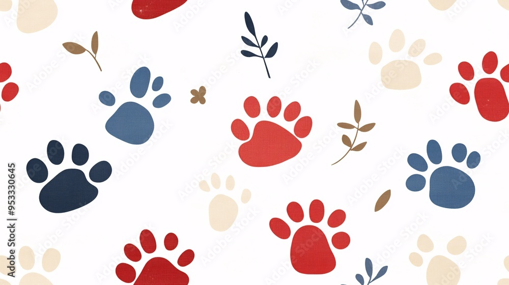 Poster seamless pattern pawsitively charming: a playful paw print pattern in a palette of red, white, and b