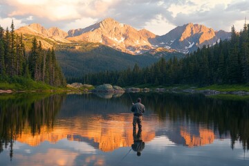 Fisherman enjoying fly fishing in mountain lake at sunset
