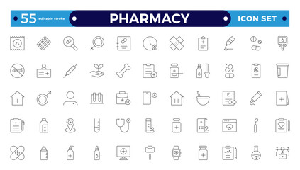 Medical and pharmacy line icons collection. Big UI icon set in a flat design. Thin outline icons pack. Editable stroke outline icon. 
