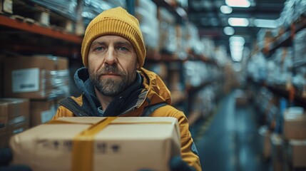 Fototapeta premium A warehouse worker inspecting incoming goods for damage and verifying quantities against shipping documents