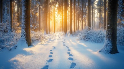 A tranquil snowy forest path with footprints leading through tall, frost-covered trees and a soft,...