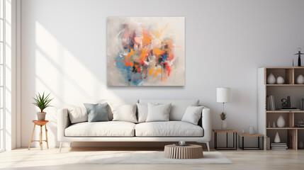 Abstract Painting on White Wall in Modern Living Room Interior
