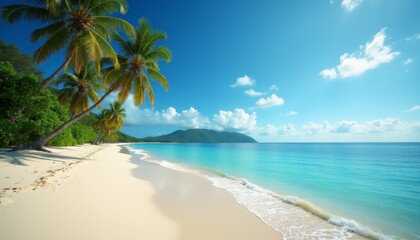 Fototapeta premium Serene Tropical Beach: Clear Turquoise Waters, Sandy Shore, and Lush Palm Trees
