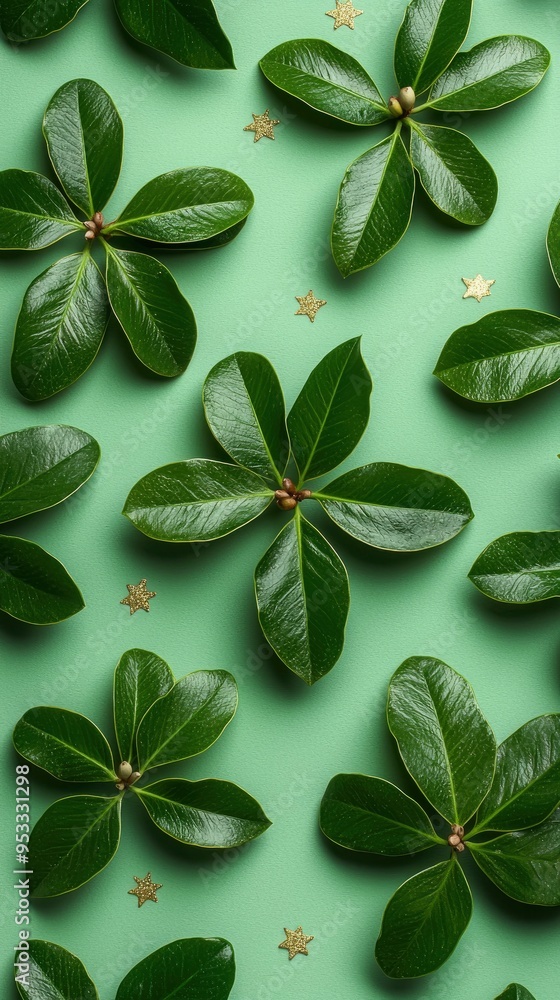 Wall mural Green Leaves Pattern with Gold Stars