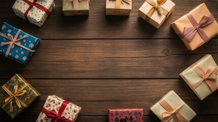 Assorted wrapped gift boxes with vintage designs, arranged in a circle on a wooden background with a bow in the center.