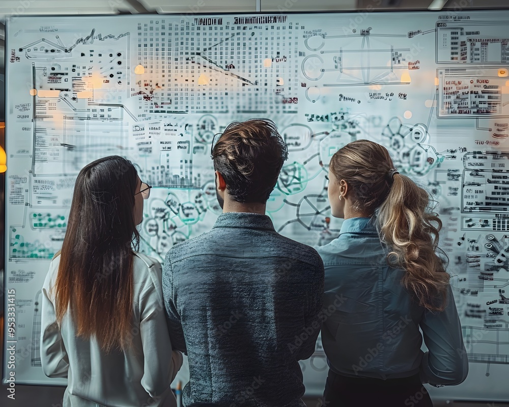 Poster quantum computing research team brainstorming on digital whiteboard with equations and theories