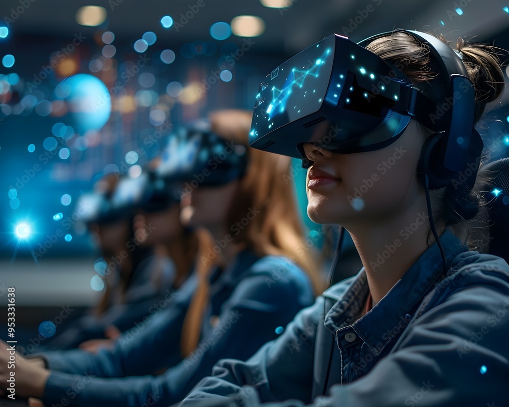 Aufkleber futuristic classroom showcasing quantum computing with vr headsets for visualization