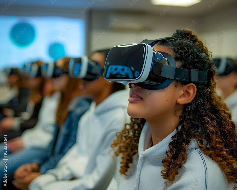 Poster futuristic quantum computing classroom with students using vr headsets