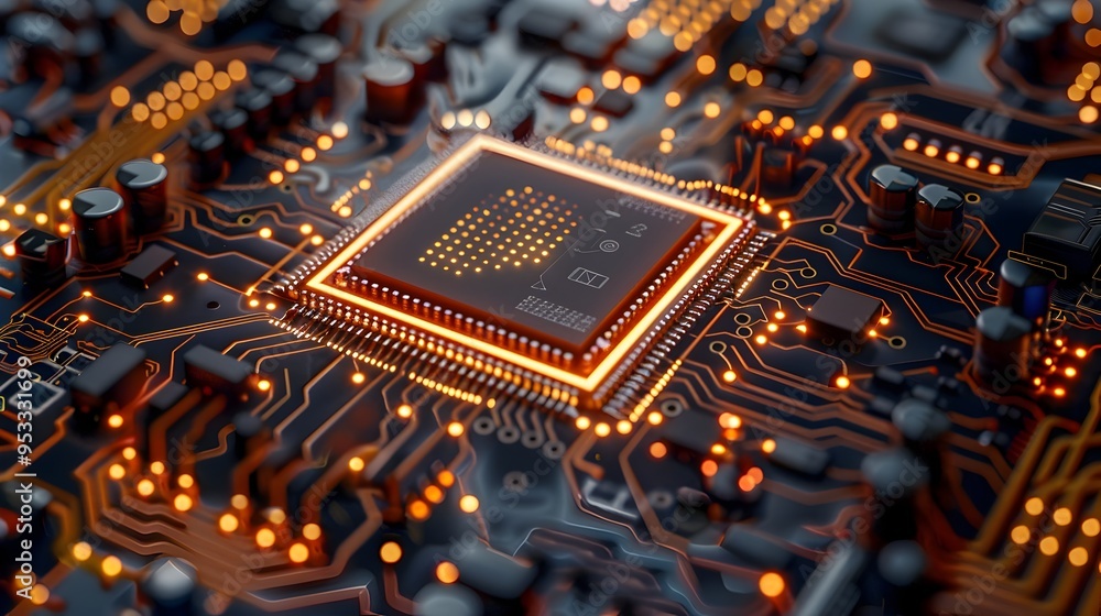 Poster highly detailed quantum computing chip with intricate circuitry and superconducting materials
