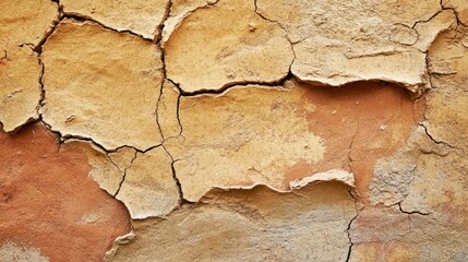 Obraz premium Close-up of a cracked clay wall with earthy tones and textures, creating a rustic, adobe-style backdrop