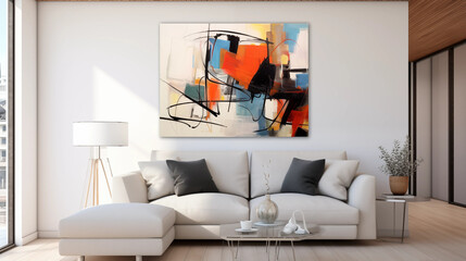 Abstract Painting on White Wall in Modern Living Room Interior