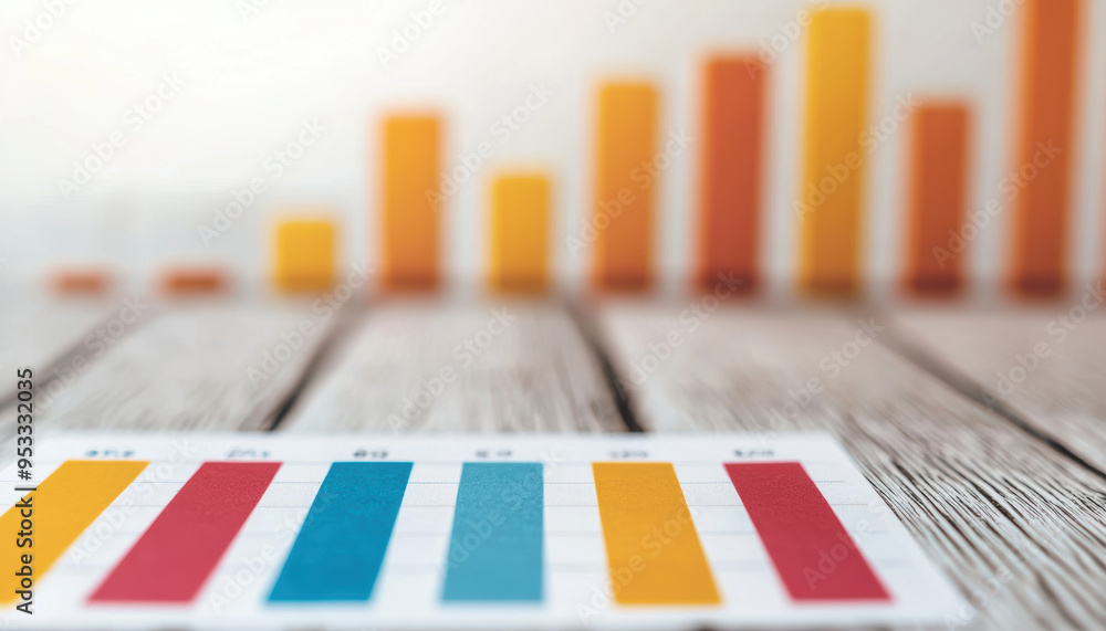 Poster colorful bar charts on a printed paper showing business data, set on a wooden table with blurred bar