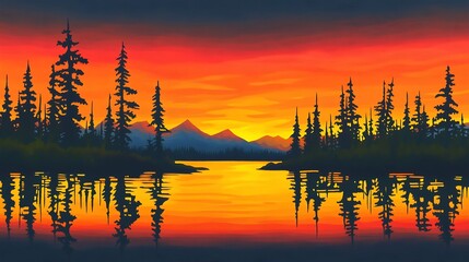 A tranquil sunset over a calm lake with silhouettes of trees and the sky ablaze with color