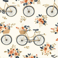 Fototapeta premium Floral Bicycle Pattern with Basket and Roses