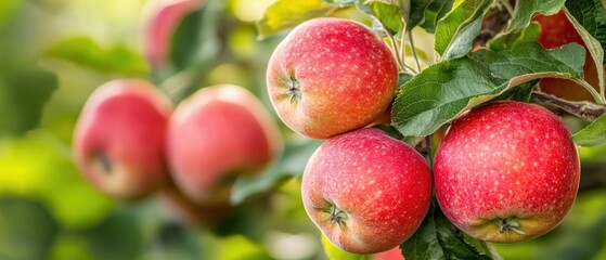 Close-up of Red Apples on a Branch with Green Leaves