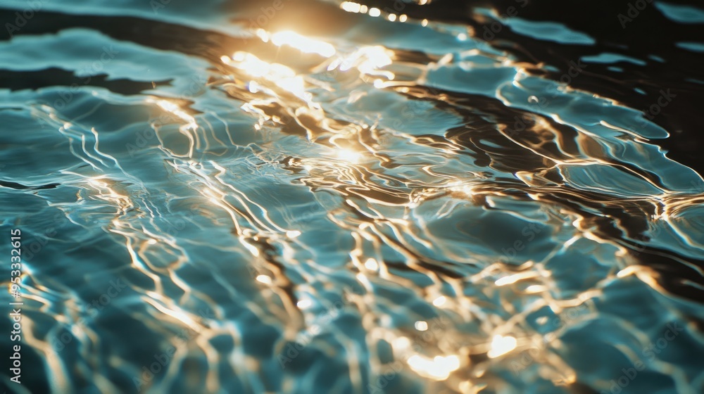 Poster close-up of rippled water surface reflecting sunlight, creating a sparkling and refreshing texture b