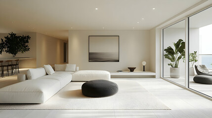 Modern living room with white sectional sofa, large windows, and a view of the ocean.