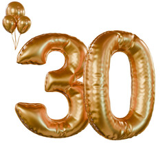 30 Golden number helium balloons isolated background. Realistic foil and latex balloons.