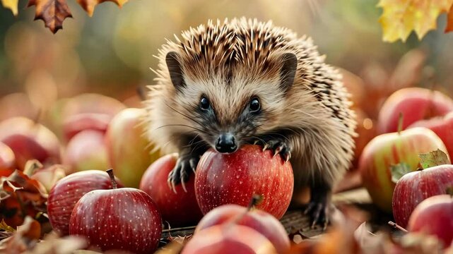 Hedgehog exploring a pile of red apples among autumn leaves in a serene outdoor setting