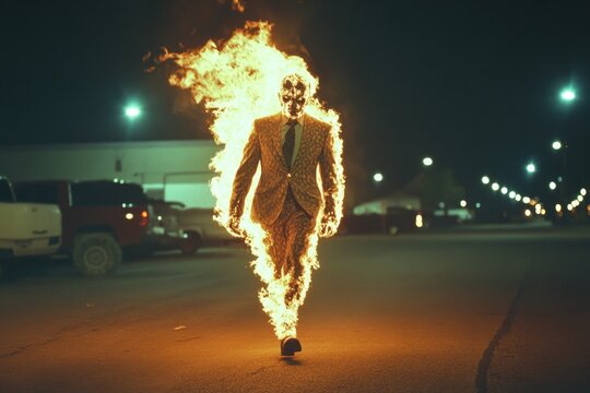 Stuntman walking covered in fire at night