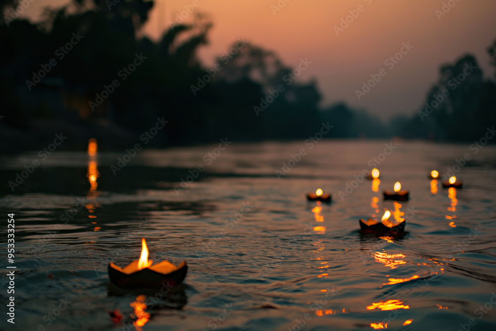 Poster several floating paper lanterns creating a magical atmosphere on a river at sunset