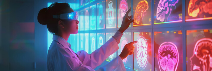 A doctor using a holographic interface to review a patient's brain scan results