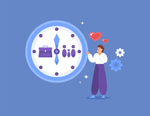 work and family concept. dividing time for work and family. time management. illustration of a male worker thinking about managing time for work and family. flat style design. elements