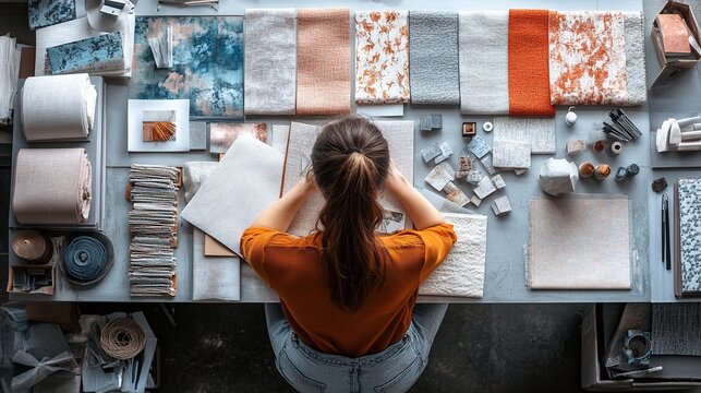 Overhead View of Female Designer Working on Fabric Samples