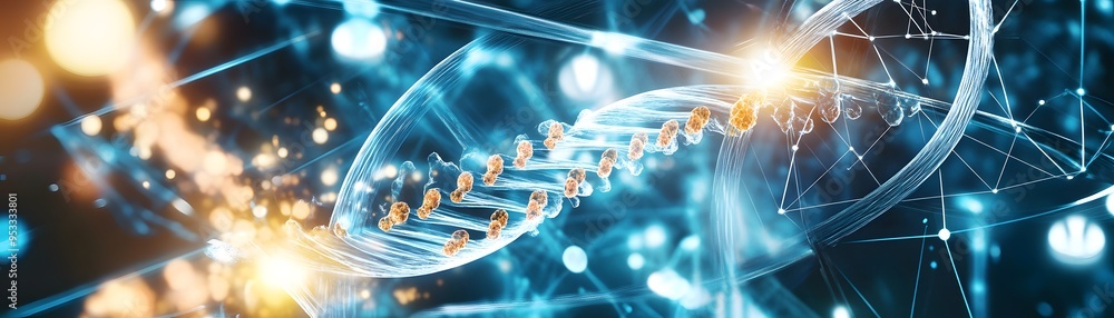 Poster abstract dna structure with glowing lights and bokeh effect.